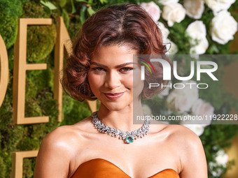 Zendaya wearing custom Louis Vuitton with Bvlgari jewelry arrives at the 82nd Annual Golden Globe Awards held at The Beverly Hilton Hotel on...