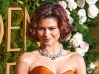 Zendaya wearing custom Louis Vuitton with Bvlgari jewelry arrives at the 82nd Annual Golden Globe Awards held at The Beverly Hilton Hotel on...