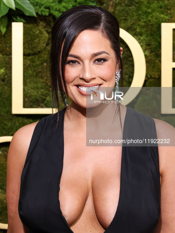 Ashley Graham wearing a custom Bach Mai dress, Gianvito Rossi shoes, and Jared jewelry arrives at the 82nd Annual Golden Globe Awards held a...