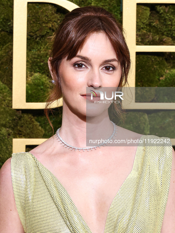 Leighton Meester wearing Versace arrives at the 82nd Annual Golden Globe Awards held at The Beverly Hilton Hotel on January 5, 2025 in Bever...