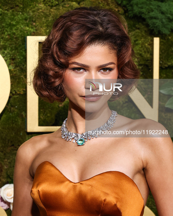 Zendaya wearing custom Louis Vuitton with Bvlgari jewelry arrives at the 82nd Annual Golden Globe Awards held at The Beverly Hilton Hotel on...