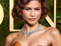 Zendaya wearing custom Louis Vuitton with Bvlgari jewelry arrives at the 82nd Annual Golden Globe Awards held at The Beverly Hilton Hotel on...