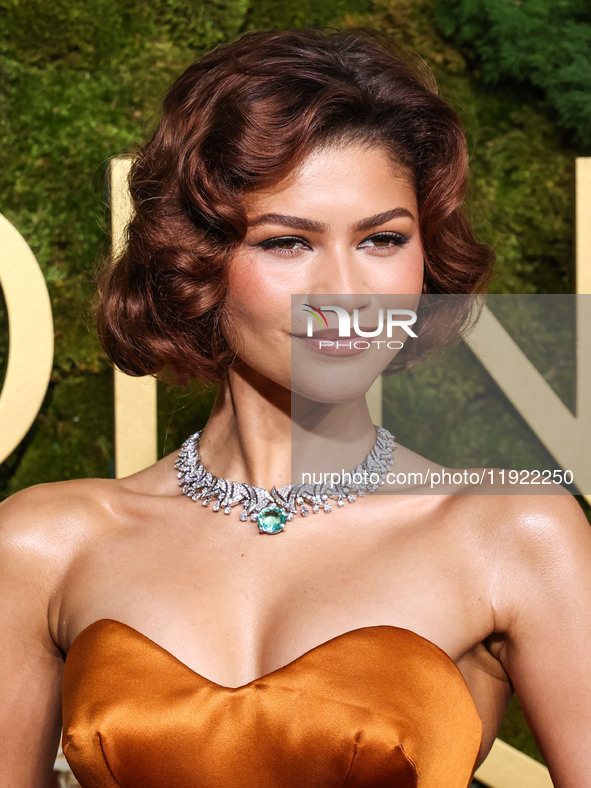 Zendaya wearing custom Louis Vuitton with Bvlgari jewelry arrives at the 82nd Annual Golden Globe Awards held at The Beverly Hilton Hotel on...