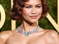 Zendaya wearing custom Louis Vuitton with Bvlgari jewelry arrives at the 82nd Annual Golden Globe Awards held at The Beverly Hilton Hotel on...