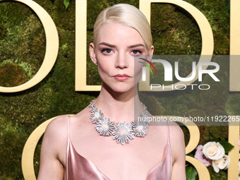 Anya Taylor-Joy wearing archive Dior, Jimmy Choo shoes, and Tiffany and Co. jewelry arrives at the 82nd Annual Golden Globe Awards held at T...