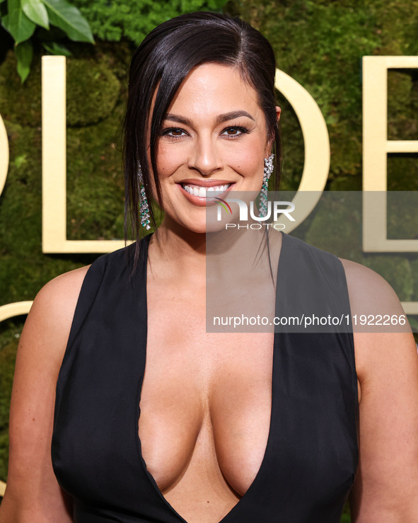 Ashley Graham wearing a custom Bach Mai dress, Gianvito Rossi shoes, and Jared jewelry arrives at the 82nd Annual Golden Globe Awards held a...