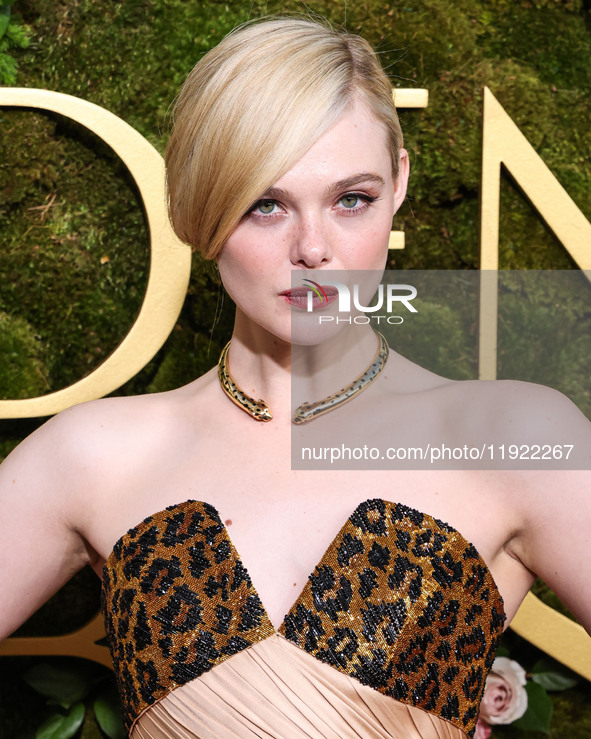 Elle Fanning wearing custom Balmain arrives at the 82nd Annual Golden Globe Awards held at The Beverly Hilton Hotel on January 5, 2025 in Be...