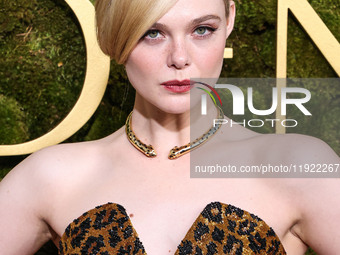 Elle Fanning wearing custom Balmain arrives at the 82nd Annual Golden Globe Awards held at The Beverly Hilton Hotel on January 5, 2025 in Be...