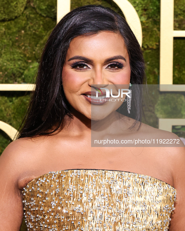 Mindy Kaling wearing an Ashi Studio dress arrives at the 82nd Annual Golden Globe Awards held at The Beverly Hilton Hotel on January 5, 2025...