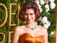 Zendaya wearing custom Louis Vuitton with Bvlgari jewelry arrives at the 82nd Annual Golden Globe Awards held at The Beverly Hilton Hotel on...