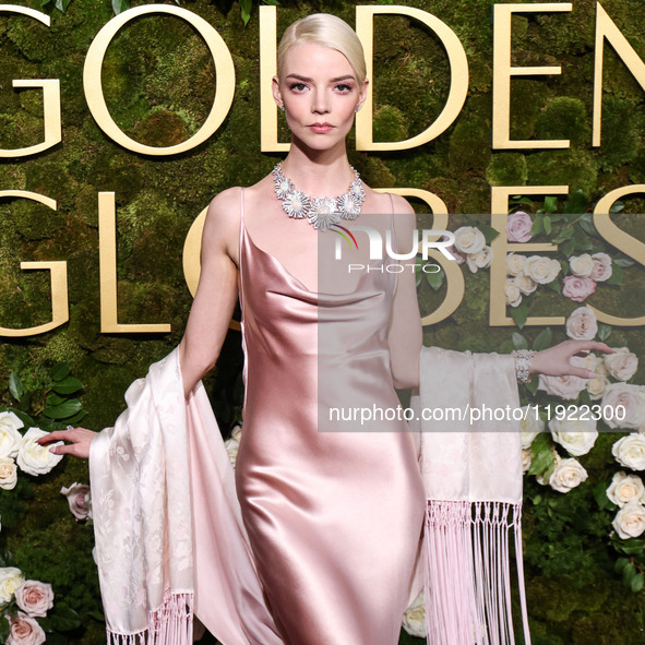 Anya Taylor-Joy wearing archive Dior, Jimmy Choo shoes, and Tiffany and Co. jewelry arrives at the 82nd Annual Golden Globe Awards held at T...