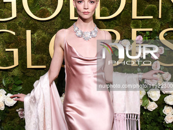 Anya Taylor-Joy wearing archive Dior, Jimmy Choo shoes, and Tiffany and Co. jewelry arrives at the 82nd Annual Golden Globe Awards held at T...