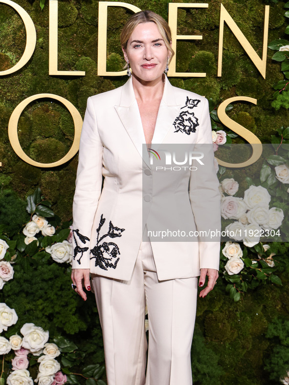 Kate Winslet wearing bespoke Erdem arrives at the 82nd Annual Golden Globe Awards held at The Beverly Hilton Hotel on January 5, 2025 in Bev...