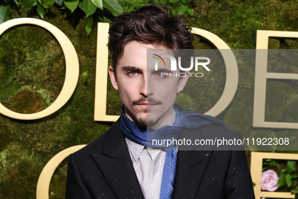 Timothee Chalamet wearing Tom Ford arrives at the 82nd Annual Golden Globe Awards held at The Beverly Hilton Hotel on January 5, 2025 in Bev...