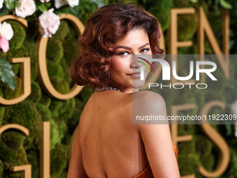 Zendaya wearing custom Louis Vuitton with Bvlgari jewelry arrives at the 82nd Annual Golden Globe Awards held at The Beverly Hilton Hotel on...