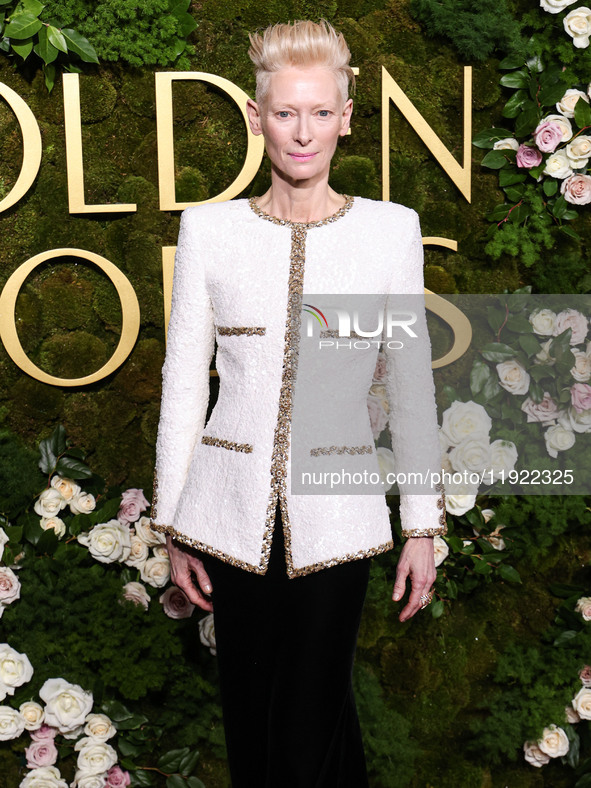 Tilda Swinton wearing Chanel arrives at the 82nd Annual Golden Globe Awards held at The Beverly Hilton Hotel on January 5, 2025 in Beverly H...