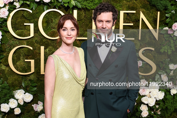 Leighton Meester and husband Adam Brody arrive at the 82nd Annual Golden Globe Awards held at The Beverly Hilton Hotel on January 5, 2025 in...