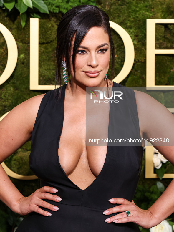 Ashley Graham wearing a custom Bach Mai dress, Gianvito Rossi shoes, and Jared jewelry arrives at the 82nd Annual Golden Globe Awards held a...