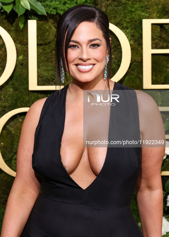 Ashley Graham wearing a custom Bach Mai dress, Gianvito Rossi shoes, and Jared jewelry arrives at the 82nd Annual Golden Globe Awards held a...