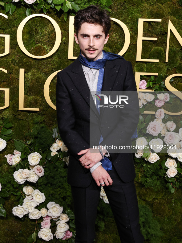 Timothee Chalamet wearing Tom Ford arrives at the 82nd Annual Golden Globe Awards held at The Beverly Hilton Hotel on January 5, 2025 in Bev...