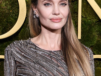 Angelina Jolie wearing McQueen arrives at the 82nd Annual Golden Globe Awards held at The Beverly Hilton Hotel on January 5, 2025 in Beverly...