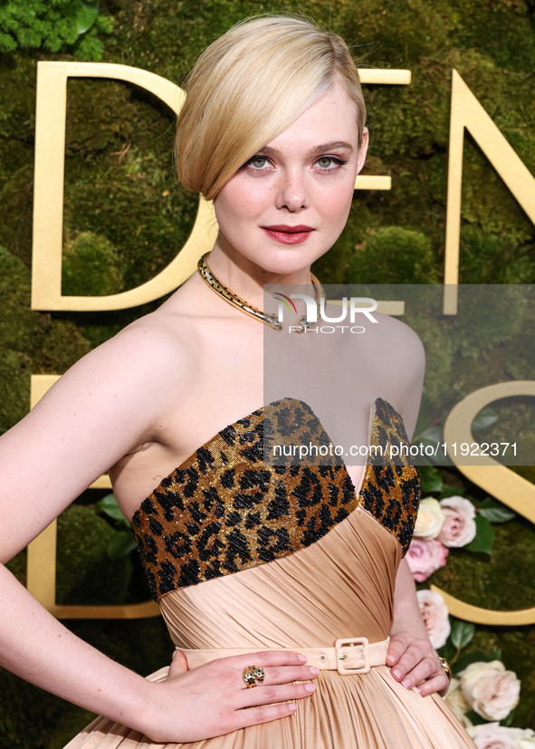 Elle Fanning wearing custom Balmain arrives at the 82nd Annual Golden Globe Awards held at The Beverly Hilton Hotel on January 5, 2025 in Be...