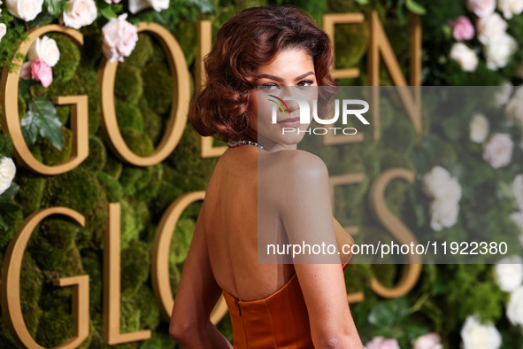 Zendaya wearing custom Louis Vuitton with Bvlgari jewelry arrives at the 82nd Annual Golden Globe Awards held at The Beverly Hilton Hotel on...