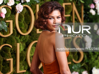 Zendaya wearing custom Louis Vuitton with Bvlgari jewelry arrives at the 82nd Annual Golden Globe Awards held at The Beverly Hilton Hotel on...