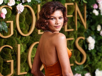 Zendaya wearing custom Louis Vuitton with Bvlgari jewelry arrives at the 82nd Annual Golden Globe Awards held at The Beverly Hilton Hotel on...