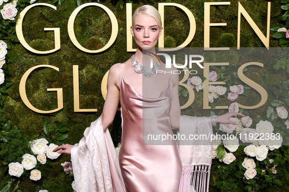 Anya Taylor-Joy wearing archive Dior, Jimmy Choo shoes, and Tiffany and Co. jewelry arrives at the 82nd Annual Golden Globe Awards held at T...