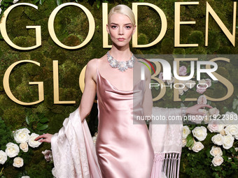 Anya Taylor-Joy wearing archive Dior, Jimmy Choo shoes, and Tiffany and Co. jewelry arrives at the 82nd Annual Golden Globe Awards held at T...