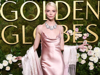 Anya Taylor-Joy wearing archive Dior, Jimmy Choo shoes, and Tiffany and Co. jewelry arrives at the 82nd Annual Golden Globe Awards held at T...