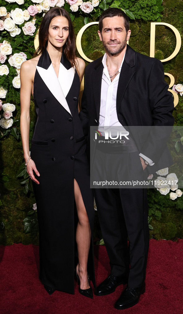 Jeanne Cadieu and Jake Gyllenhaal arrive at the 82nd Annual Golden Globe Awards held at The Beverly Hilton Hotel on January 5, 2025 in Bever...