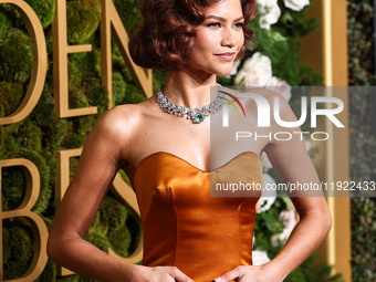 Zendaya wearing custom Louis Vuitton with Bvlgari jewelry arrives at the 82nd Annual Golden Globe Awards held at The Beverly Hilton Hotel on...