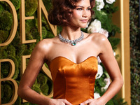 Zendaya wearing custom Louis Vuitton with Bvlgari jewelry arrives at the 82nd Annual Golden Globe Awards held at The Beverly Hilton Hotel on...