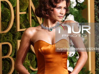 Zendaya wearing custom Louis Vuitton with Bvlgari jewelry arrives at the 82nd Annual Golden Globe Awards held at The Beverly Hilton Hotel on...