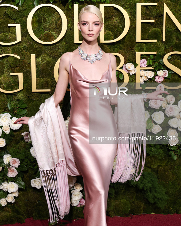 Anya Taylor-Joy wearing archive Dior, Jimmy Choo shoes, and Tiffany and Co. jewelry arrives at the 82nd Annual Golden Globe Awards held at T...