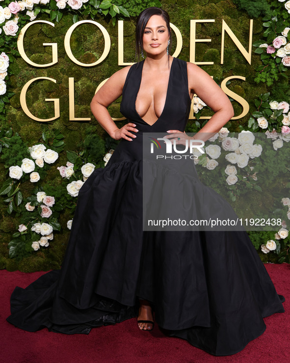 Ashley Graham wearing a custom Bach Mai dress, Gianvito Rossi shoes, and Jared jewelry arrives at the 82nd Annual Golden Globe Awards held a...