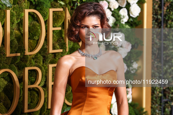 Zendaya wearing custom Louis Vuitton with Bvlgari jewelry arrives at the 82nd Annual Golden Globe Awards held at The Beverly Hilton Hotel on...