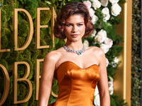 Zendaya wearing custom Louis Vuitton with Bvlgari jewelry arrives at the 82nd Annual Golden Globe Awards held at The Beverly Hilton Hotel on...