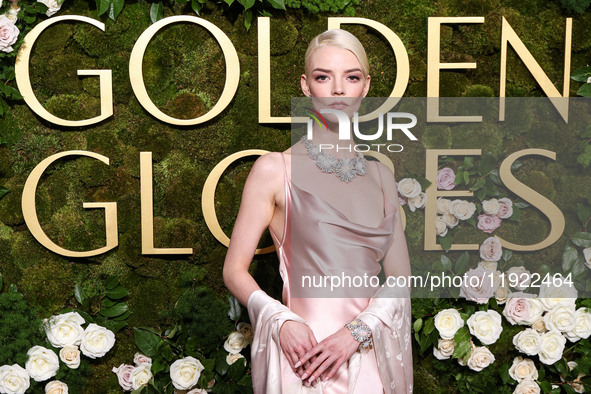 Anya Taylor-Joy wearing archive Dior, Jimmy Choo shoes, and Tiffany and Co. jewelry arrives at the 82nd Annual Golden Globe Awards held at T...