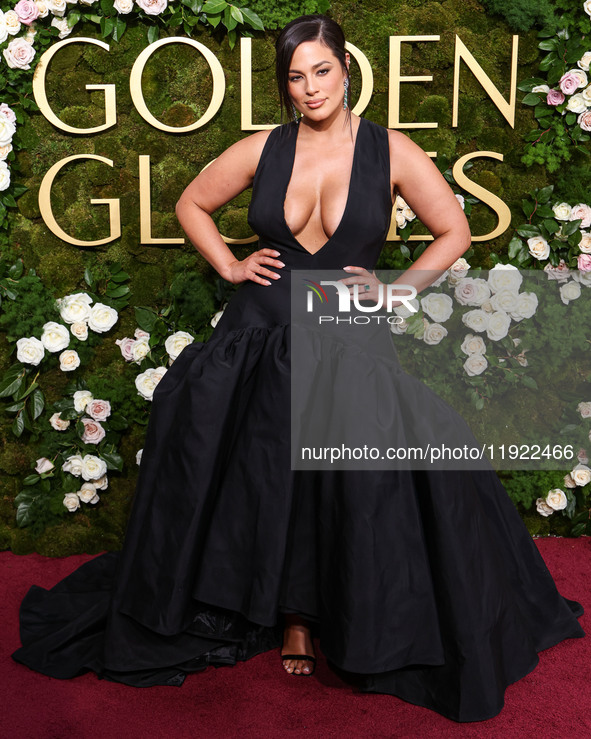 Ashley Graham wearing a custom Bach Mai dress, Gianvito Rossi shoes, and Jared jewelry arrives at the 82nd Annual Golden Globe Awards held a...