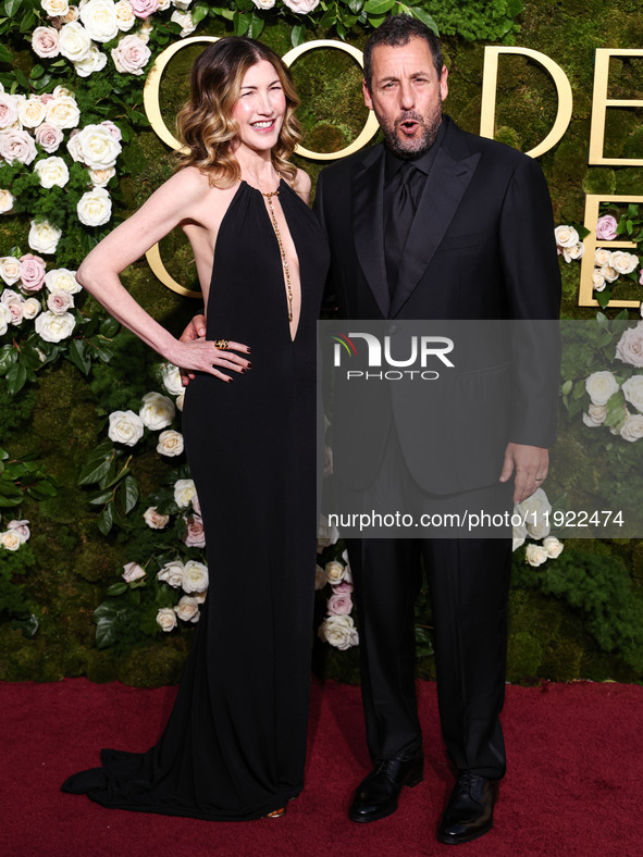 Jackie Sandler and husband Adam Sandler arrive at the 82nd Annual Golden Globe Awards held at The Beverly Hilton Hotel on January 5, 2025 in...