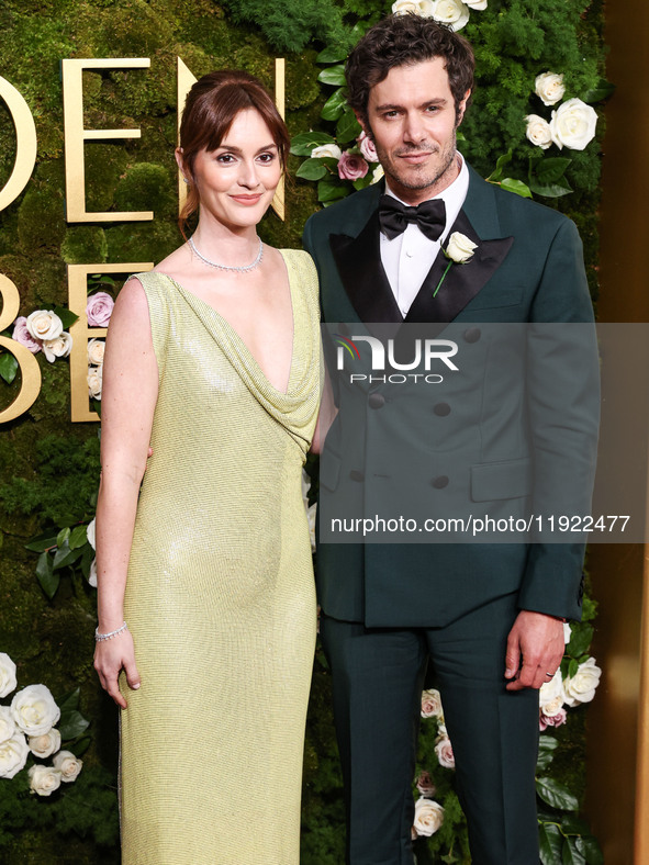 Leighton Meester and husband Adam Brody arrive at the 82nd Annual Golden Globe Awards held at The Beverly Hilton Hotel on January 5, 2025 in...