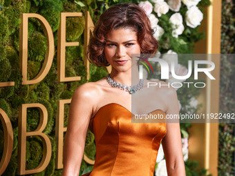 Zendaya wearing custom Louis Vuitton with Bvlgari jewelry arrives at the 82nd Annual Golden Globe Awards held at The Beverly Hilton Hotel on...