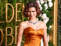 Zendaya wearing custom Louis Vuitton with Bvlgari jewelry arrives at the 82nd Annual Golden Globe Awards held at The Beverly Hilton Hotel on...