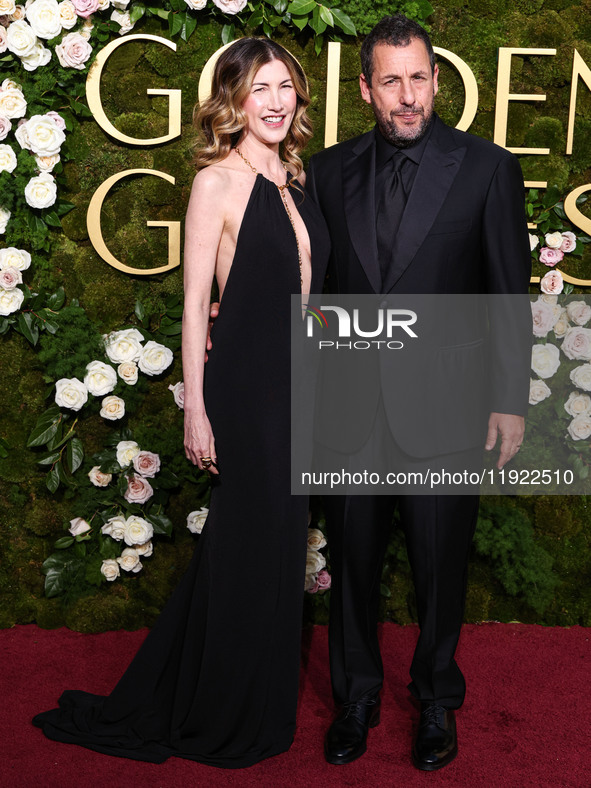 Jackie Sandler and husband Adam Sandler arrive at the 82nd Annual Golden Globe Awards held at The Beverly Hilton Hotel on January 5, 2025 in...