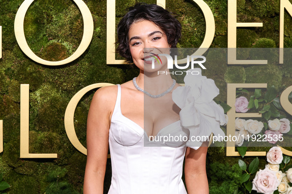 Auli'i Cravalho wearing House of Gilles arrives at the 82nd Annual Golden Globe Awards held at The Beverly Hilton Hotel on January 5, 2025 i...