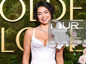 Auli'i Cravalho wearing House of Gilles arrives at the 82nd Annual Golden Globe Awards held at The Beverly Hilton Hotel on January 5, 2025 i...