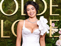 Auli'i Cravalho wearing House of Gilles arrives at the 82nd Annual Golden Globe Awards held at The Beverly Hilton Hotel on January 5, 2025 i...